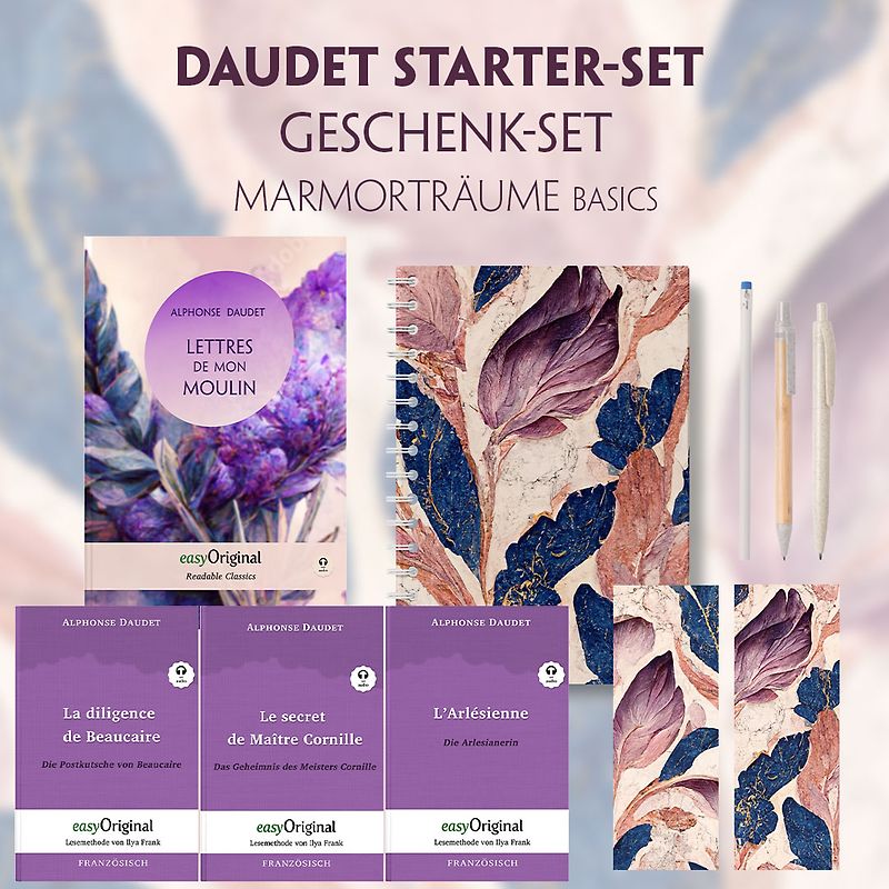 Alphonse Daudet Starter-Paket Geschenkset - 4 Bücher (mit Audio-Online) + Marmorträume Schreibset Basics