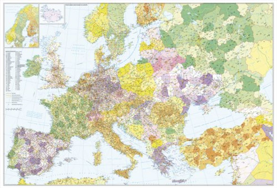 Europa mit Türkei - Straßen und Postleitzahlen. Wandkarte / Poster
