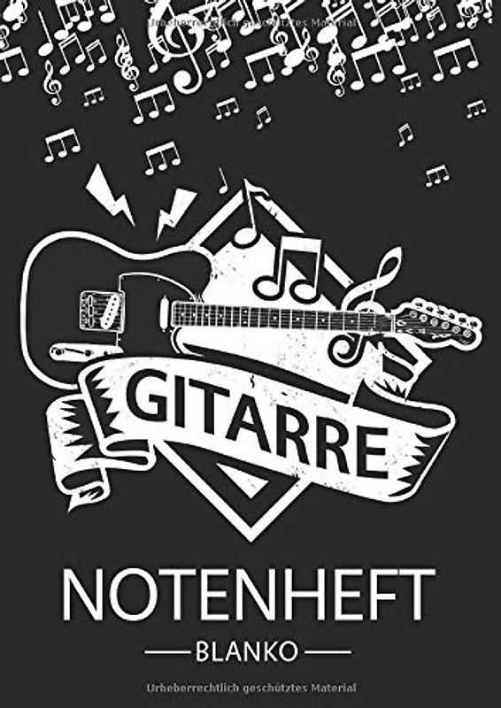 Gitarre Notenheft Blanko: Notenheft DIN A4 Mit 110 Seiten - Notenpapier für Kinder und Erwachsene, Notenblock, Musikheft, Notenbuch, Notenblätter - Motiv: Gitarre Musik Noten Vintage Schwarz