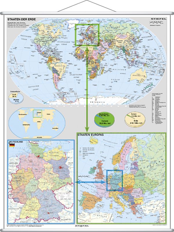 Deutschland und Europa in der Welt. Wandkarte mit Metallbeleistung
