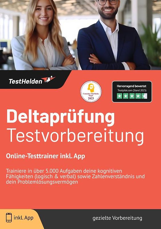 Deltaprüfung Testvorbereitung: Online-Testtrainer inkl. App | Trainiere in über 5.000 Aufgaben deine kognitiven Fähigkeiten (logisch & verbal) sowie Zahlenverständnis und dein Problemlösungsvermögen