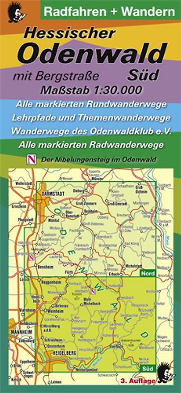 Radfahren + Wandern - Hessischer Odenwald mit Bergstraße - Süd. Maßstab 1:30.000 Alle markierten Rundwanderwege Lehrpfade und Themenwanderwege Wanderwege des Odenwaldklub e.V. Alle markierten Radwanderwege Der Nibelungensteig im Odenwald 3. Auflage