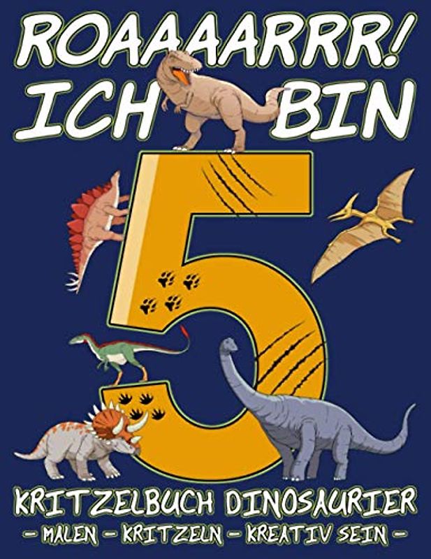 Kritzelbuch Dinosaurier - Ich bin 5: 5. Geburtstag Junge Dino Cover - Malbuch Leere Seiten - Malheft Blanko A4 - Dinosaurier Geburtstag Mitgebsel - 5 Jahre Geburtstagsgeschenk Kindergeburtstag Deko