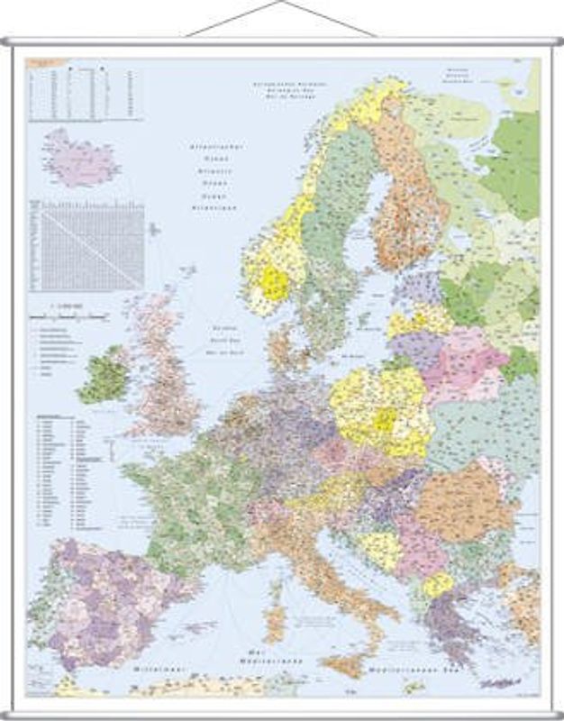 Europa Postleitzahlen. Wandkarte mit Metallbeleistung