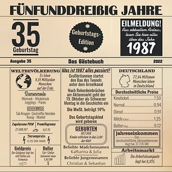 Fünfunddreißig Jahre Das Gästebuch: Zum 35 Geburtstag / Geburtsjahr 1987 / Zeitung Design Mit Ereignissen Im Jahre 87 / Geschenk Und Geburtstagsdeko / Platz Für Glückwünsche Und Fotos