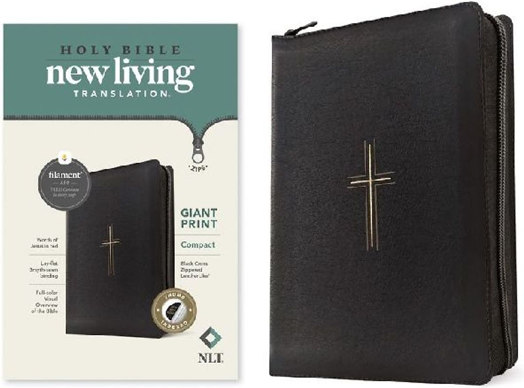 NLT Compact Giant Print Zipper Bible, Filament Enabled (Leatherlike, Black Cross, Indexed, Red Letter)