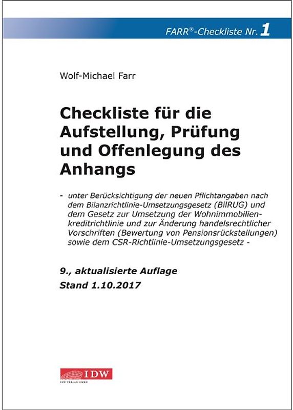 Checkliste 1 für die Aufstellung, Prüfung und Offenlegung des Anhangs
