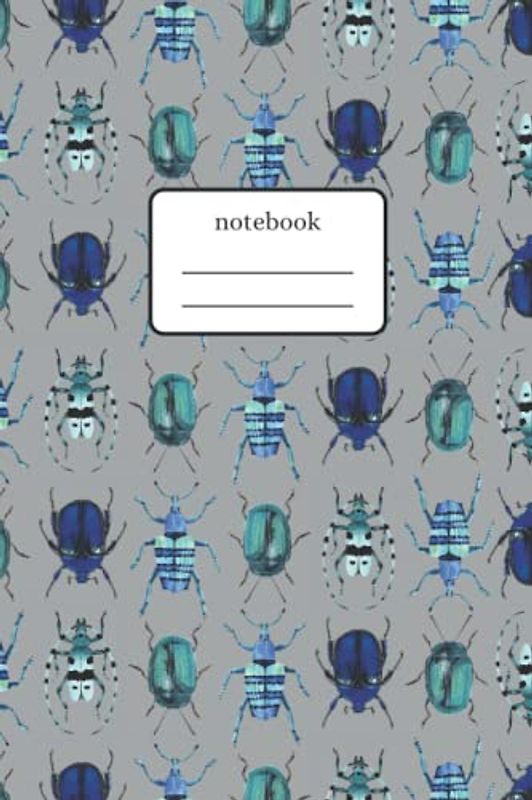 Notebook Beetles Blue Mix: Composition Notebook with Blue Beetles Art - Lined Notebook 120 Pages 6x9 inch – Grey Version