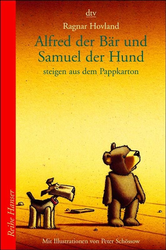 Alfred der Bär und Samuel der Hund steigen aus dem Pappkarton
