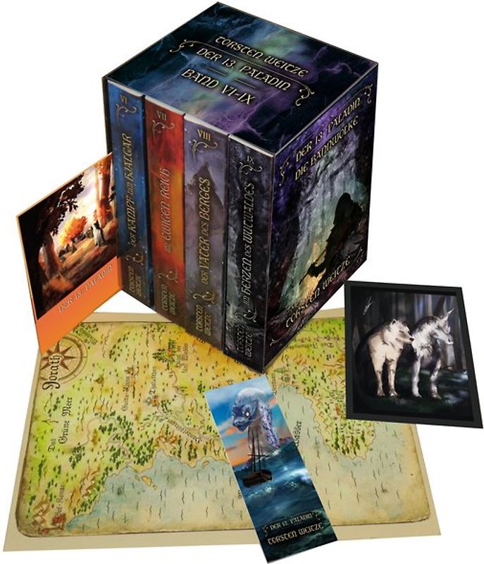 Der 13. Paladin: Band VI - IX - Der Kampf um Hjalgar / Im Ewigen Reich / Der Vater des Berges / Im Herzen des Wutwaldes [inkl. Schuber, Postkarte, Lesezeichen & DIN-A4-Karte]