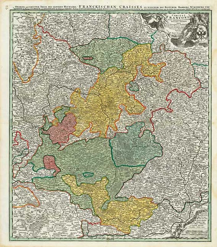 Historische Karte: Oberer und größerer Teil von FRANKEN 1707 (Plano). Nürnberg – Bamberg – Herzogtum Coburg – Stift Eichstätt – Markgrafschaft Bayreuth – Rotenburger Gebiet – Stift Bamberg – Gräflich Giech – Grafschaft Castell – Fürstentum Ansbach – Herzogtum Neuburg – Markt Bibart
