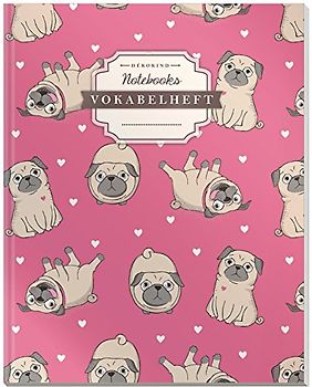 DÉKOKIND Vokabelheft | DIN A4, 84 Seiten, 2 Spalten, Register, Vintage Softcover | Dickes Vokabelbuch | Motiv: Mops Welpen