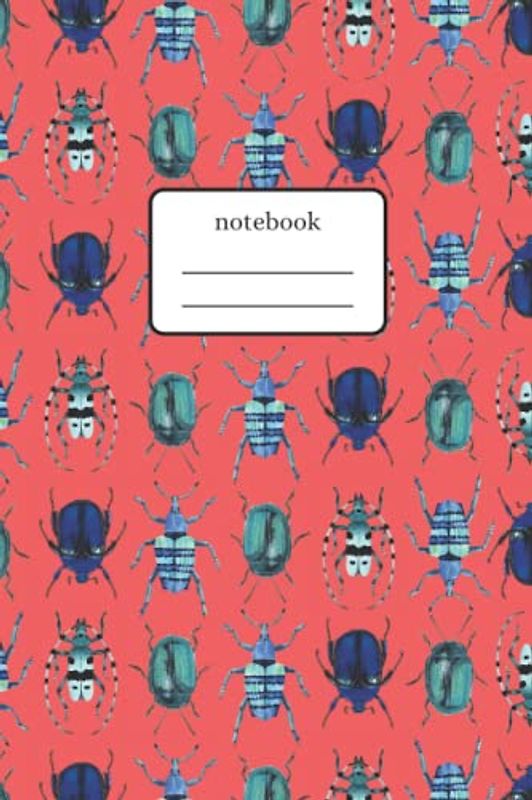 Notebook Beetles Blue Mix: Composition Notebook with Blue Beetles Art - Lined Notebook 120 Pages 6x9 inch -Light Red Version