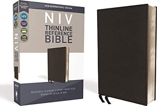NIV, Thinline Reference Bible, Genuine Leather, Calfskin, Black, Red Letter, Art Gilded Edges, Comfort Print: New International Version, Black, Premium Leather Calfskin, Red Letter Edition