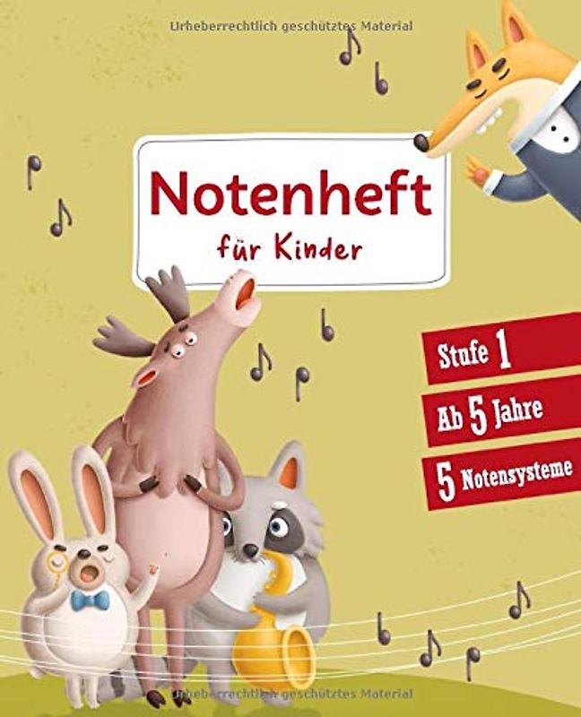 Notenheft für Kinder: Stufe 1 | ab 5 Jahre | 5 Notensysteme | Heft mit großen kindgerechten Notenlinen und zusätzlichen Hilfslinien zwischen den Notensystemen