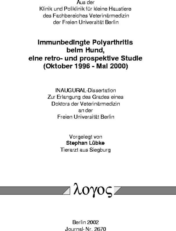 Immunbedingte Polyarthritis beim Hund, eine retro- und prospektive Studie (Oktober 1996 - Mai 2000)