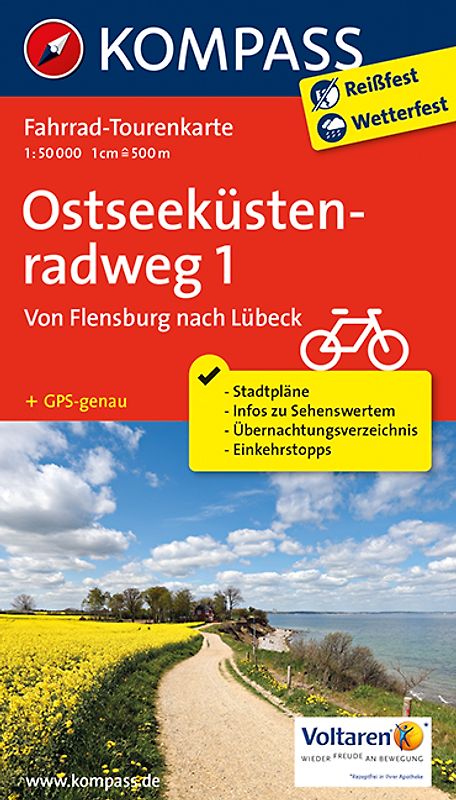 KOMPASS Fahrrad-Tourenkarte Ostseeküstenradweg 1, von Flensburg nach Lübeck 1:50.000