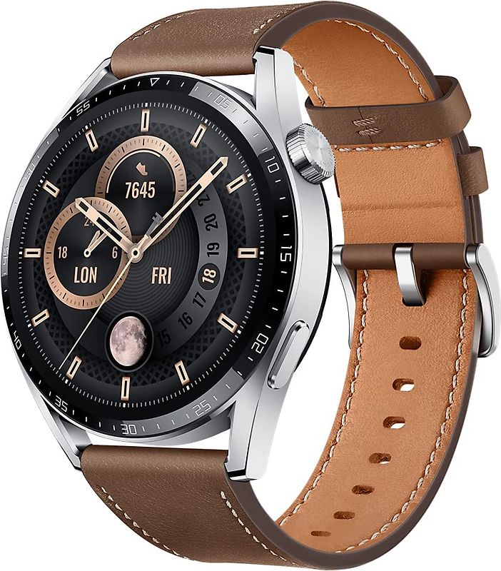 Huawei Watch GT 3 46 mm argent avec bracelet cuir marron