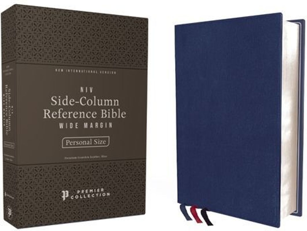 Niv, Side-Column Reference Bible (Deep Study at a Portable Size), Personal Size, Premium Goatskin Leather, Blue, Premier Collection, Art Gilded Edges, Comfort Print