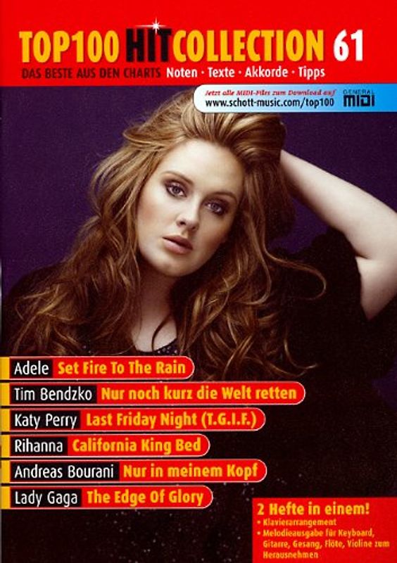 Top 100 Hit Collection 61. 6 Chart-Hits: Set Fire To The Rain - Nur noch kurz die Welt retten - Edge Of Glory - California King Bed - Nur in meinem Kopf - Last Friday Night. Noten.. Klavier / Keyboard.
