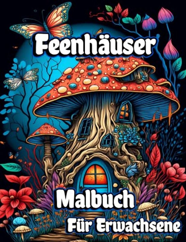 Feenhäuser Malbuch für Erwachsene: Magical Mushroom Homes with Fantasy Fairies and Beautiful flower Coloring pages for Anxiety Relief and Relaxation