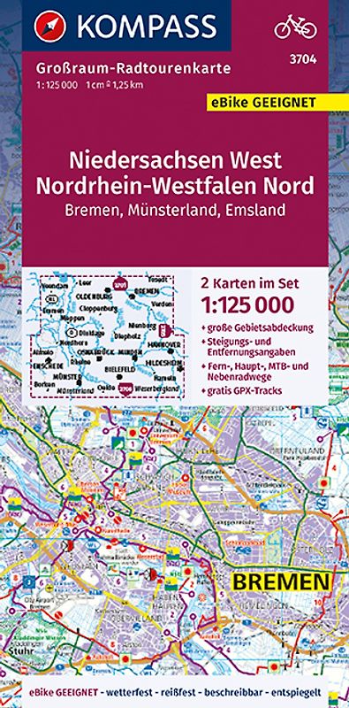 KOMPASS Großraum-Radtourenkarte 3704 Niedersachsen West, Nordrhein-Westfalen Nord, 1:125.000