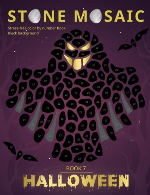 STONE MOSAIC. Halloween. Book 7. Black background.: Stress-free color by number book.