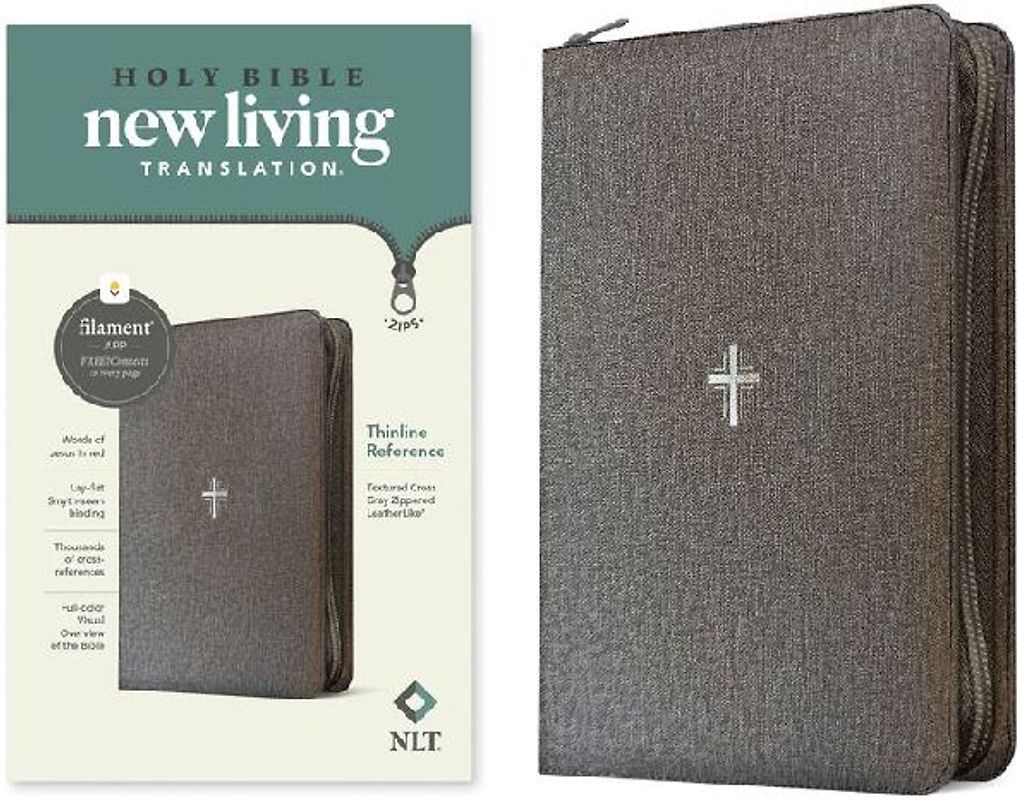 NLT Thinline Reference Zipper Bible, Filament Enabled (Leatherlike, Textured Cross Gray, Red Letter)