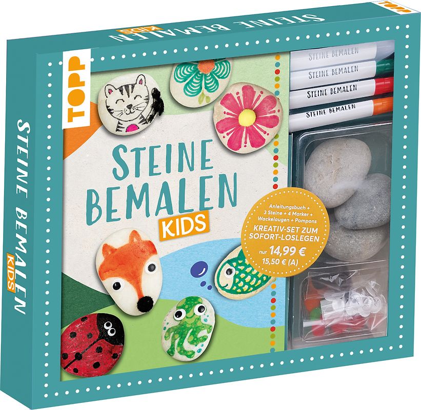Kreativ-Set: Steine bemalen Kids mit Wackelaugen, Pompons, Anleitungsbuch & Material