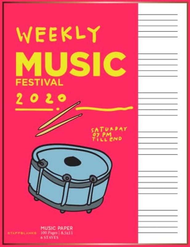 Music Score Notebook: Blank Sheet Music Paper for Music Writing And Practicing, 6 Large Staves Per Page Staff Paper Manuscript | Percussion Theme Pink Cover