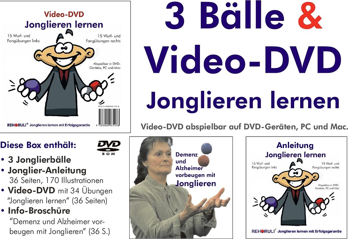 Video-DVD "Jonglieren lernen" plus Broschüre "Demenz und Alzheimer vorbeugen mit Jonglieren" plus 3 Jonglierbälle plus Jonglier-Anleitung