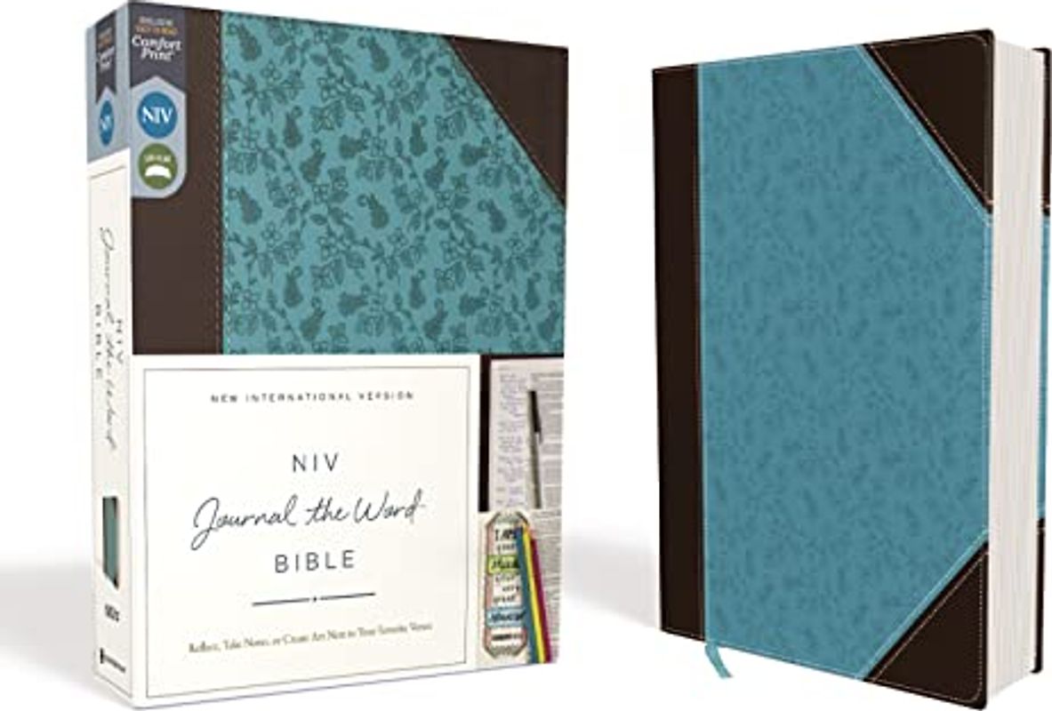 NIV, Journal the Word Bible, Leathersoft, Brown/Blue, Red Letter, Comfort Print: Reflect, Take Notes, or Create Art Next to Your Favorite Verses