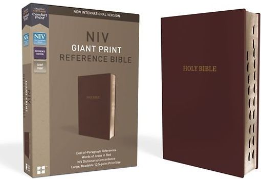 NIV, Reference Bible, Giant Print, Leather-Look, Burgundy, Red Letter Edition, Indexed, Comfort Print