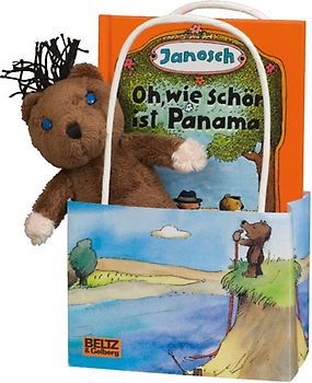 Janosch-Freundschaftstüte Bär. In einer Verkaufseinheit von 6 Exemplaren. Bilderbuch 'Oh, wie schön ist Panama' mit Plüsch-Bär (12 cm) und Geschenktasche
