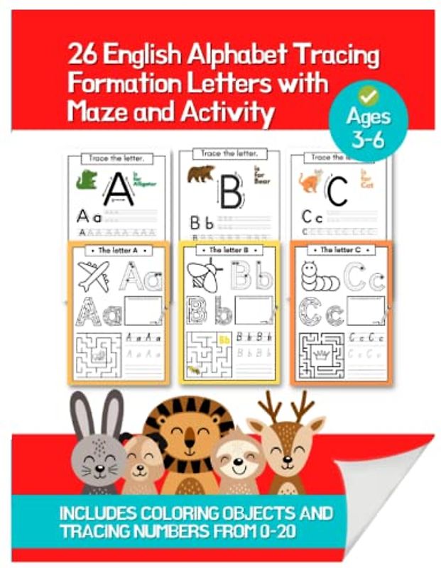 26 English Alphabet Tracing Formation Letters with Maze and Activity Includes Coloring Objects and Tracing Numbers from 1-20