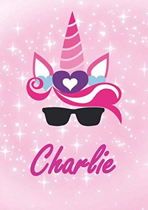 Charlie: Personalisiertes | individualisiertes Einhorn Malbuch / Zeichenbuch / Zeichenmappe / Skizzenbuch / Kritzelbuch / Notizen - DIN A4, 110 blanko Seiten mit Umrandung, glänzendes Cover.