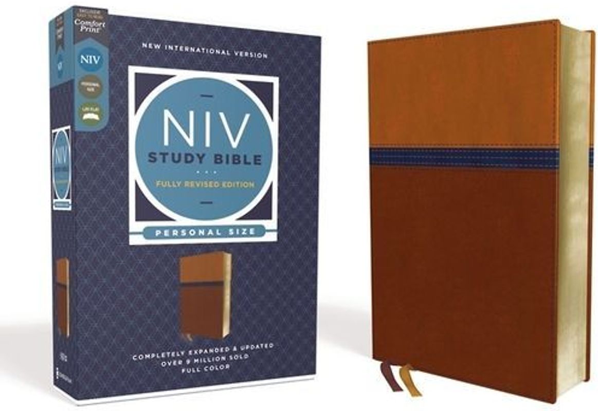 NIV Study Bible, Fully Revised Edition, Personal Size, Leathersoft, Brown/Blue, Red Letter, Comfort Print