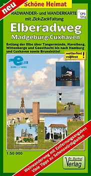 Radwander- und Wanderkarte mit Zick‑Zack‑Faltung Elberadweg, Magdeburg-Cuxhaven