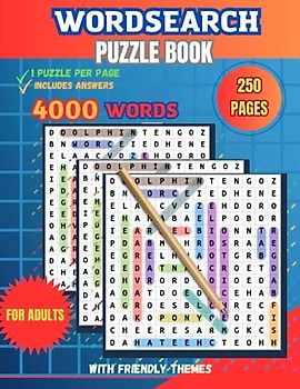 Wordsearch puzzle book for adults. 250 pages containing 4000 words with friendly themes. 1 puzzle per page with answers. Put your puzzle solving ... test. Helps to tease and stimulate the brain.