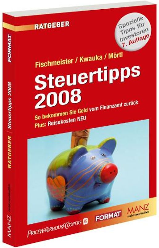 Steuertipps 2008. So bekommen Sie Geld vom Finanzamt zurück. Plus: Reisekosten NEU. Die wichtigsten Tipps und Rechtsfragen für Steuerzahler. Steuerfreie Sachbezüge. Einkommensteuererklärung, Arbeitnehmerveranlagung. Sonderausgaben, Werbungskosten bzw. Betriebsausgaben. Außergewöhliche Belastungen