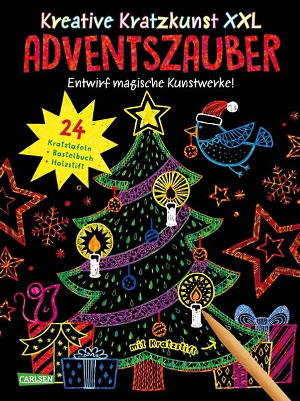 Kreative Kratzkunst XXL: Adventszauber: Set mit 24 Kratzbildern, Anleitungsbuch und Holzstift