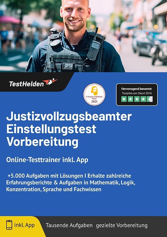 Justizvollzugsbeamter Einstellungstest: Vorbereitung Online-Testtrainer inkl. App | I +5.000 Aufgaben mit Lösungen I Erhalte zahlreiche Erfahrungsberichte & Aufgaben in Mathematik, Logik, Konzentration, Sprache und Fachwissen