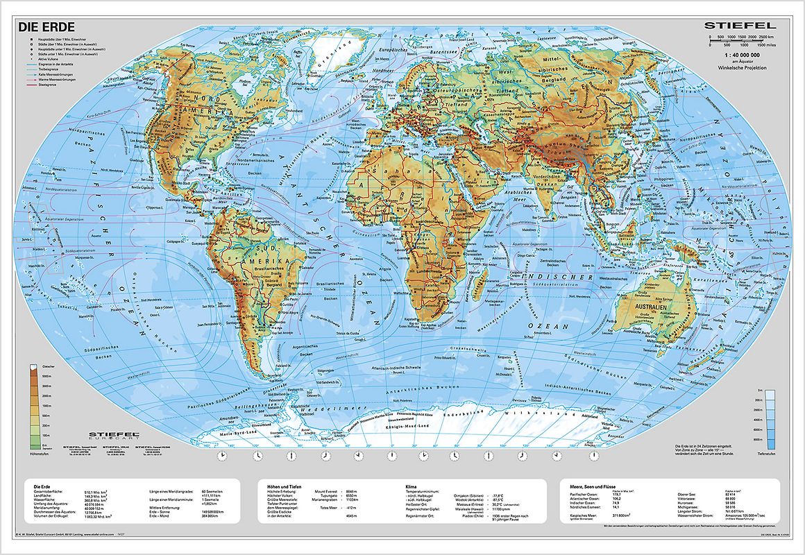 Die Erde, physisch 1 : 40 000 000. Wandkarte Kleinformat ohne Metallstäbe