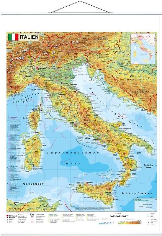 Italien physisch 1 : 1.600 000. Wandkarte mit Metallbeleistung