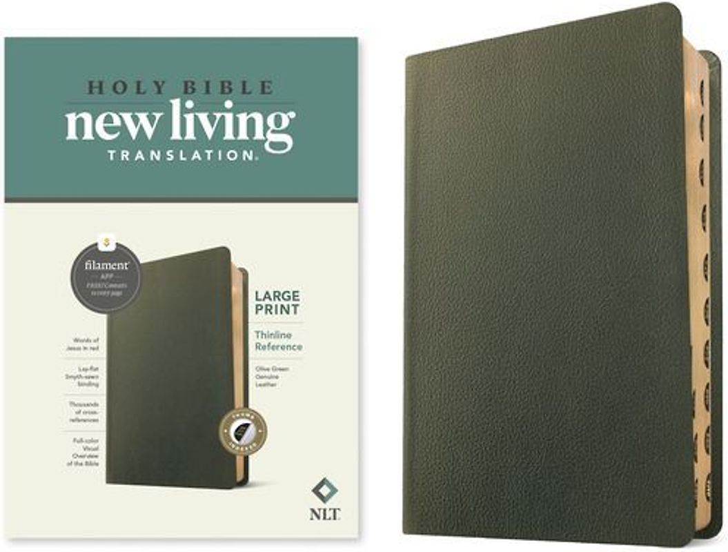 NLT Large Print Thinline Reference Bible, Filament Enabled (Genuine Leather, Olive Green, Indexed, Red Letter)