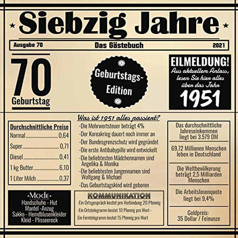 Siebzig Jahre Das Gästebuch: Zum 70 Geburtstag / Geburtsjahr 1951 / Zeitung Design Mit Ereignissen Im Jahre 51 / Geschenk Und Geburtstagsdeko / Platz Für Glückwünsche Und Fotos