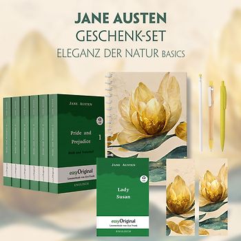 Jane Austen Geschenkset - 7 Bücher (Hardcover + Audio-Online) + Eleganz der Natur Schreibset Basics