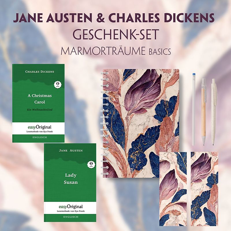 Jane Austen & Charles Dickens Geschenkset - 2 Bücher (Softcover+ Audio-Online) + Marmorträume Schreibset Basics