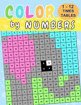 Color by Numbers Math: 1 – 12 times tables workbook. Solve multiplication equations and color in the answers to reveal the hidden picture. Play based learning and brain games for kids.