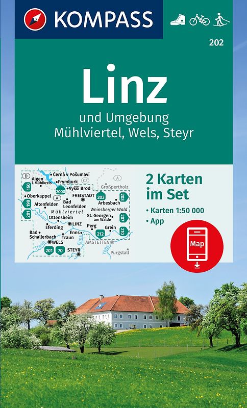 KOMPASS Wanderkarten-Set 202 Linz und Umgebung, Mühlviertel, Wels, Steyr (2 Karten) 1:50.000